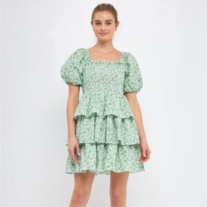 CRINKLED FLORAL LINEN SMOCKED TIERED MINI DRESS